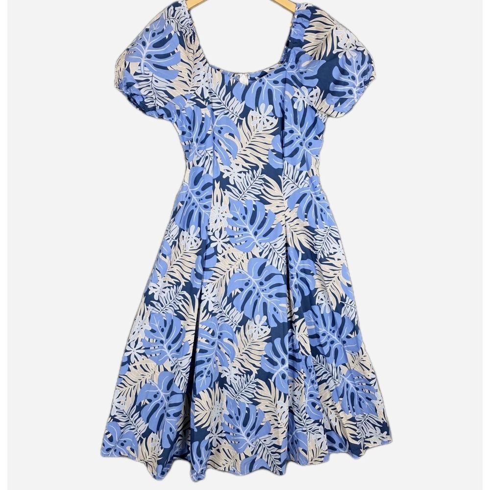 Vintage Hawaiian Togs Dress L Blue Tropical Floral Maxi Puff Sleeve Luau USA 70s